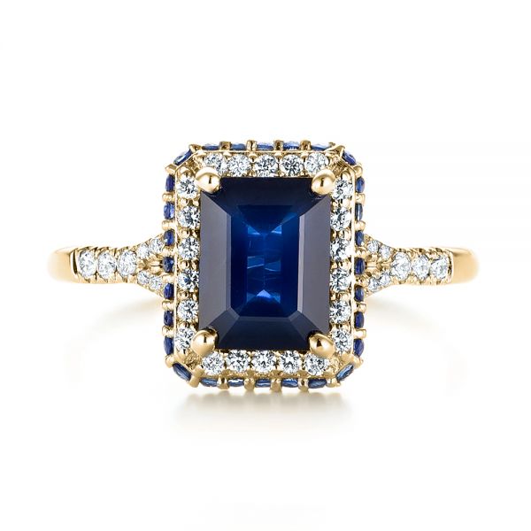 18k Yellow Gold 18k Yellow Gold Custom Blue Sapphire And Diamond Halo Engagement Ring - Top View -  103457