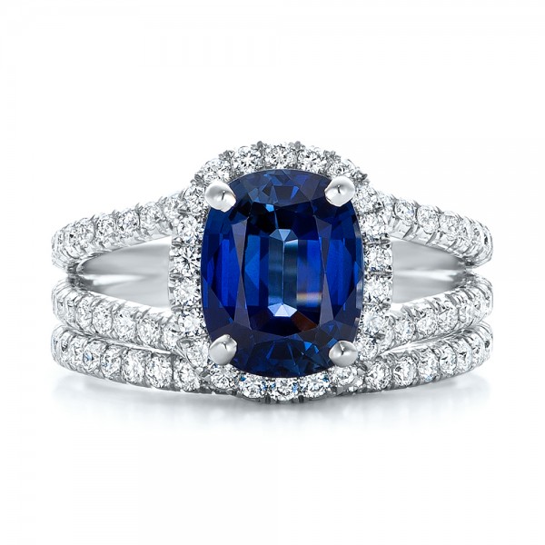 Custom Blue Sapphire and Diamond Halo Engagement Ring - Image