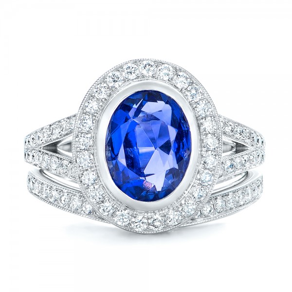 Custom Blue Sapphire and Diamond Halo Engagement Ring - Image