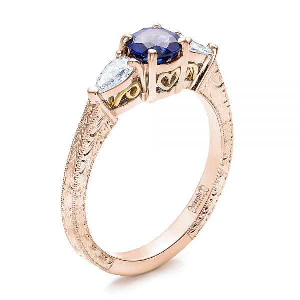 18k Rose Gold And 14K Gold 18k Rose Gold And 14K Gold Custom Blue Sapphire And Diamond Hand Engraved Engagement Ring - Three-Quarter View -  100794