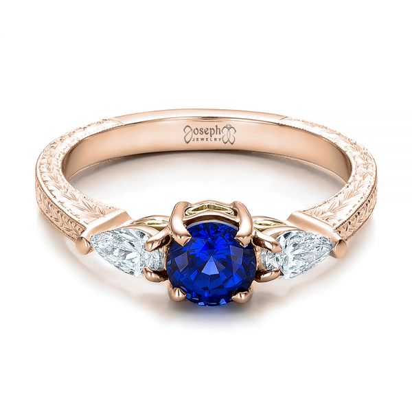 18k Rose Gold And 18K Gold 18k Rose Gold And 18K Gold Custom Blue Sapphire And Diamond Hand Engraved Engagement Ring - Flat View -  100794