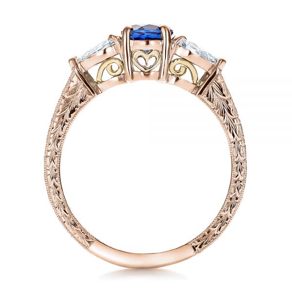14k Rose Gold And 18K Gold 14k Rose Gold And 18K Gold Custom Blue Sapphire And Diamond Hand Engraved Engagement Ring - Front View -  100794