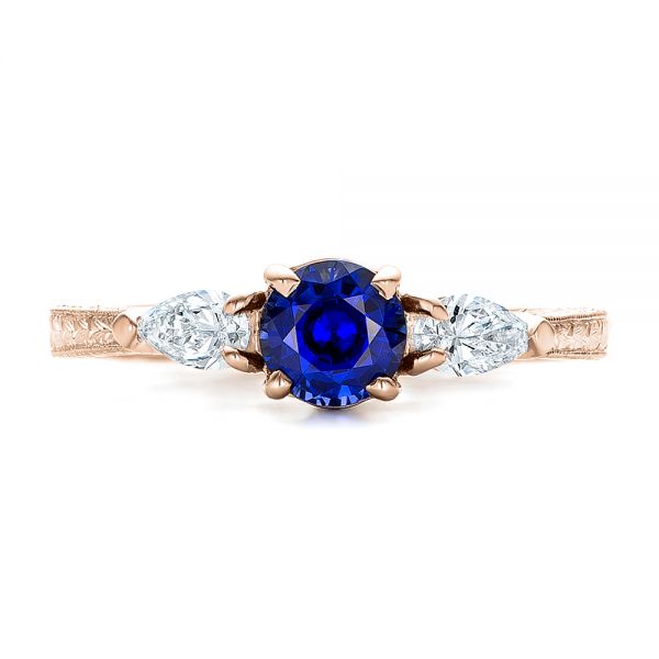 18k Rose Gold And 14K Gold 18k Rose Gold And 14K Gold Custom Blue Sapphire And Diamond Hand Engraved Engagement Ring - Top View -  100794