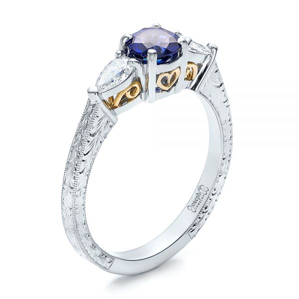 Custom Blue Sapphire and Diamond Hand Engraved Engagement Ring - Image