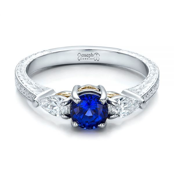 Platinum And 18K Gold Custom Blue Sapphire And Diamond Hand Engraved Engagement Ring - Flat View - 100794