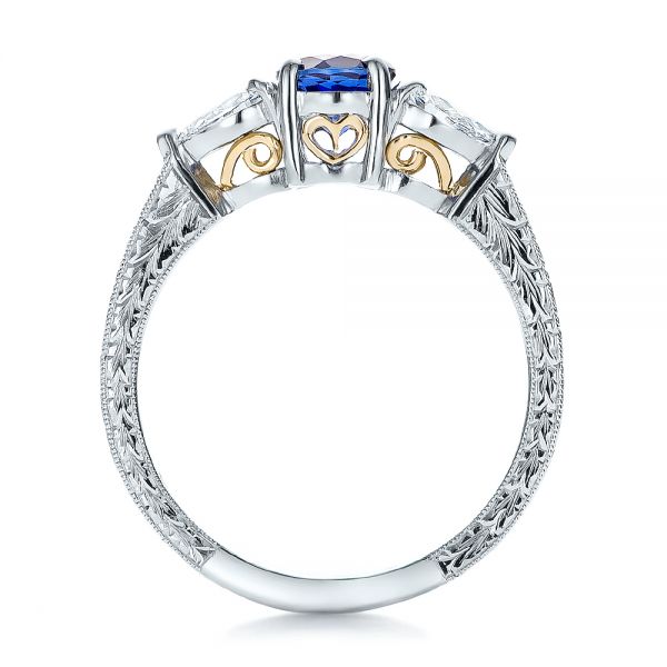 Platinum And 18K Gold Custom Blue Sapphire And Diamond Hand Engraved Engagement Ring - Front View - 100794