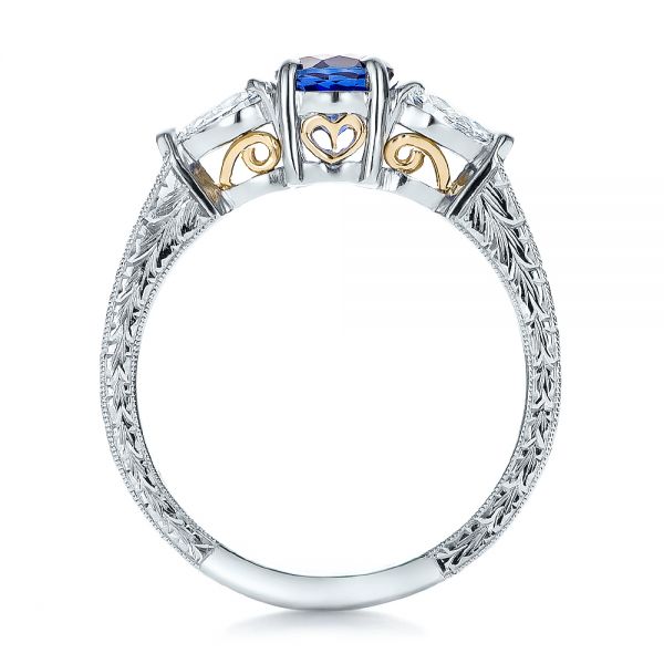 18k White Gold And 14K Gold 18k White Gold And 14K Gold Custom Blue Sapphire And Diamond Hand Engraved Engagement Ring - Front View -  100794