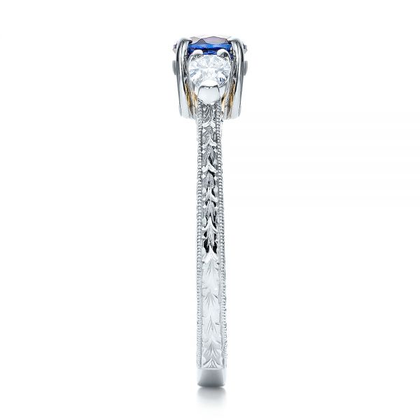 Platinum And 18K Gold Custom Blue Sapphire And Diamond Hand Engraved Engagement Ring - Side View - 100794