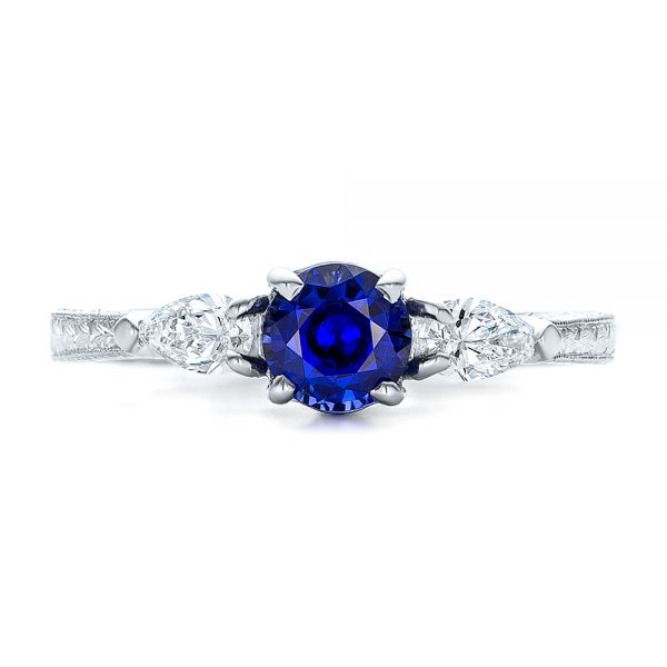 Platinum And 18K Gold Custom Blue Sapphire And Diamond Hand Engraved Engagement Ring - Top View - 100794