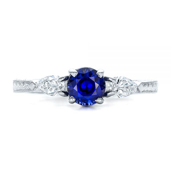 14k White Gold And Platinum 14k White Gold And Platinum Custom Blue Sapphire And Diamond Hand Engraved Engagement Ring - Top View -  100794