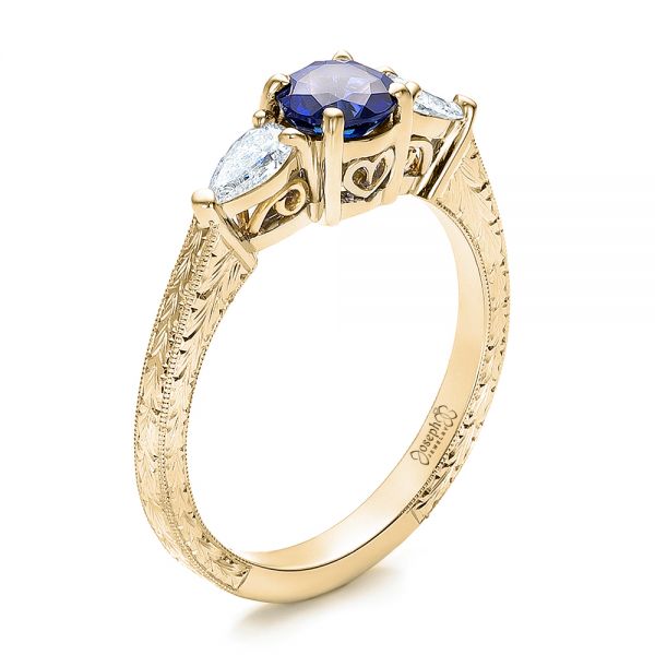 14k Yellow Gold And 14K Gold 14k Yellow Gold And 14K Gold Custom Blue Sapphire And Diamond Hand Engraved Engagement Ring - Three-Quarter View -  100794