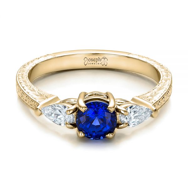 14k Yellow Gold And 18K Gold 14k Yellow Gold And 18K Gold Custom Blue Sapphire And Diamond Hand Engraved Engagement Ring - Flat View -  100794