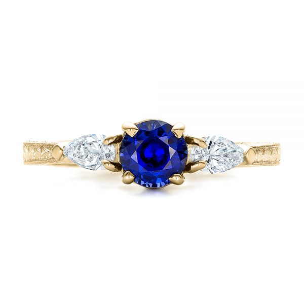 14k Yellow Gold And 18K Gold 14k Yellow Gold And 18K Gold Custom Blue Sapphire And Diamond Hand Engraved Engagement Ring - Top View -  100794
