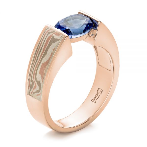 18k Rose Gold And Platinum 18k Rose Gold And Platinum Custom Blue Sapphire And Mokume Wedding Ring - Three-Quarter View -  100658