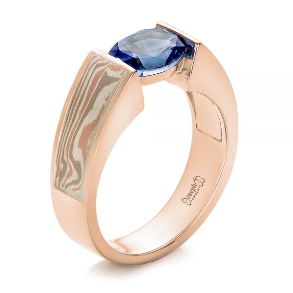 14k Rose Gold And 14K Gold 14k Rose Gold And 14K Gold Custom Blue Sapphire And Mokume Wedding Ring - Three-Quarter View - 100658