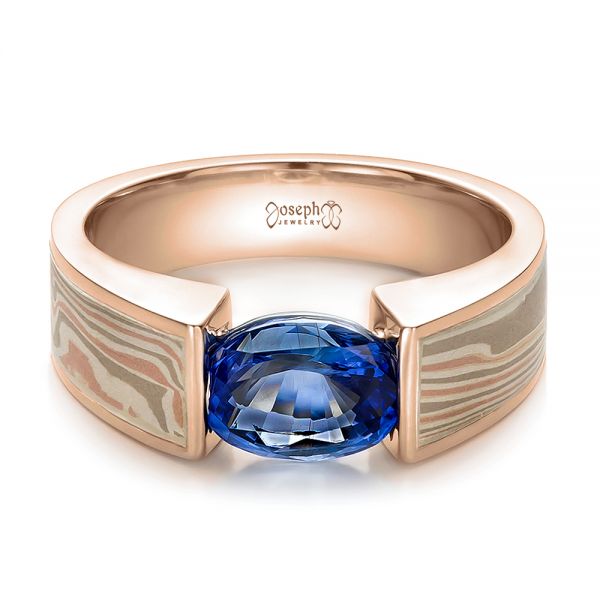 14k Rose Gold And 18K Gold 14k Rose Gold And 18K Gold Custom Blue Sapphire And Mokume Wedding Ring - Flat View -  100658