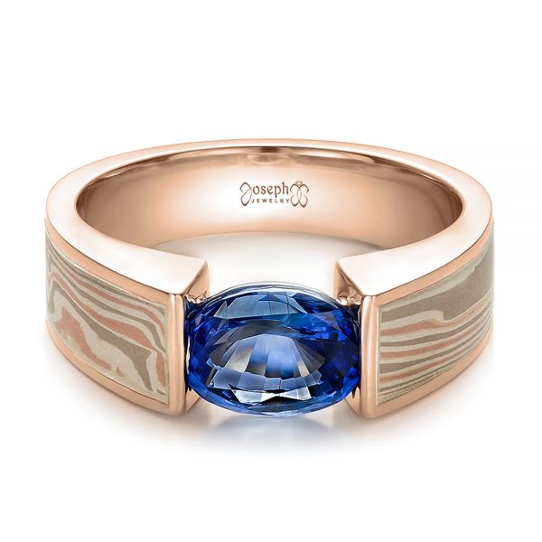 14k Rose Gold And 14K Gold 14k Rose Gold And 14K Gold Custom Blue Sapphire And Mokume Wedding Ring - Flat View - 100658