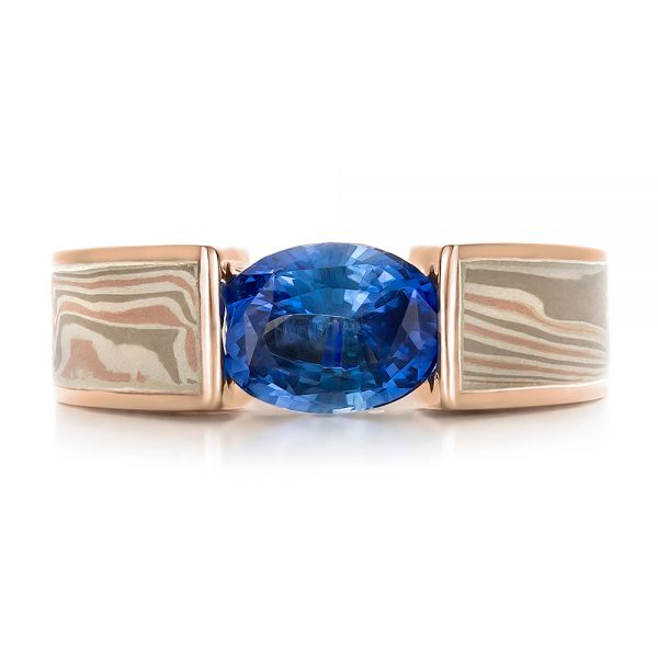 14k Rose Gold And 14K Gold 14k Rose Gold And 14K Gold Custom Blue Sapphire And Mokume Wedding Ring - Top View - 100658