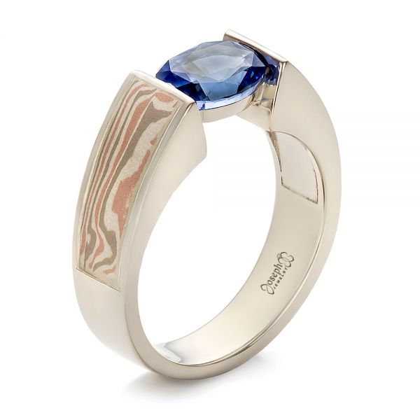 14k White Gold And 14K Gold Custom Blue Sapphire And Mokume Wedding Ring - Three-Quarter View - 100658