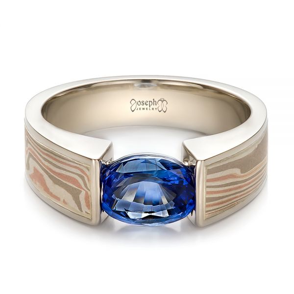 14k White Gold And 14K Gold Custom Blue Sapphire And Mokume Wedding Ring - Flat View - 100658
