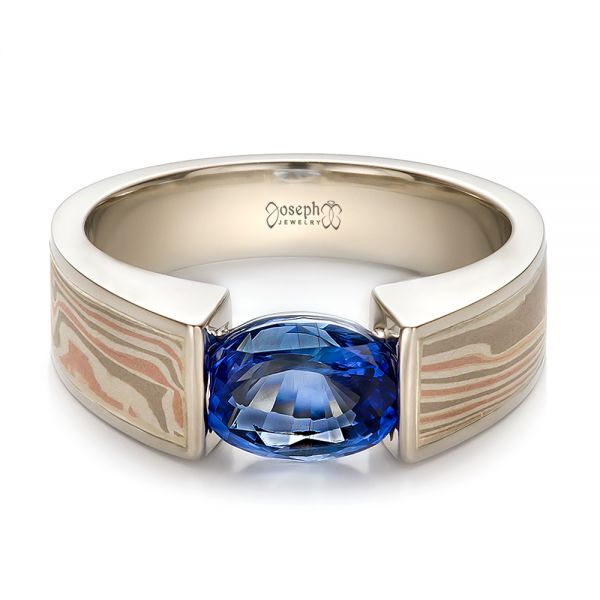 14k White Gold And 14K Gold Custom Blue Sapphire And Mokume Wedding Ring - Flat View -  100658