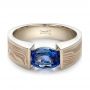 14k White Gold And 14K Gold Custom Blue Sapphire And Mokume Wedding Ring - Flat View -  100658 - Thumbnail