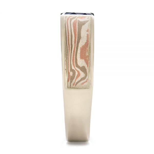 14k White Gold And 14K Gold Custom Blue Sapphire And Mokume Wedding Ring - Side View - 100658