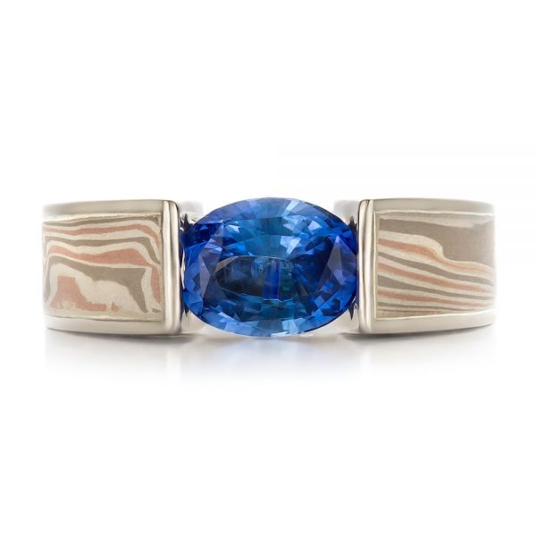 18k White Gold And Platinum 18k White Gold And Platinum Custom Blue Sapphire And Mokume Wedding Ring - Top View -  100658