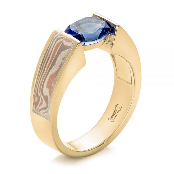 18k Yellow Gold And Platinum 18k Yellow Gold And Platinum Custom Blue Sapphire And Mokume Wedding Ring - Three-Quarter View -  100658