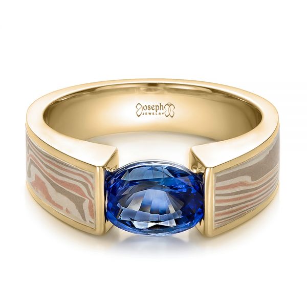 18k Yellow Gold And 14K Gold 18k Yellow Gold And 14K Gold Custom Blue Sapphire And Mokume Wedding Ring - Flat View -  100658