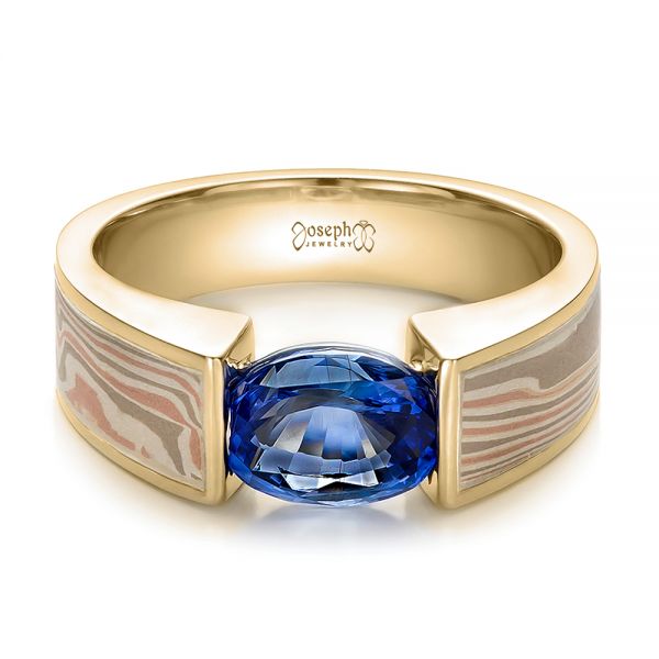 14k Yellow Gold And Platinum 14k Yellow Gold And Platinum Custom Blue Sapphire And Mokume Wedding Ring - Flat View -  100658