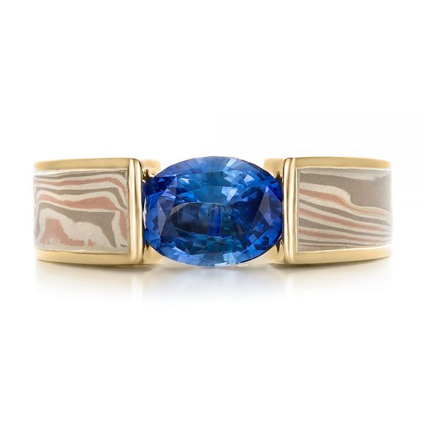 18k Yellow Gold And 14K Gold 18k Yellow Gold And 14K Gold Custom Blue Sapphire And Mokume Wedding Ring - Top View -  100658