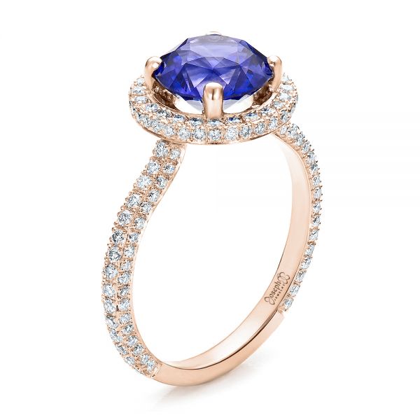 14k Rose Gold 14k Rose Gold Custom Blue Sapphire And Pave Engagement Ring - Three-Quarter View -  100078