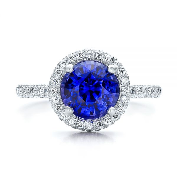  Platinum Custom Blue Sapphire And Pave Engagement Ring - Top View -  100078