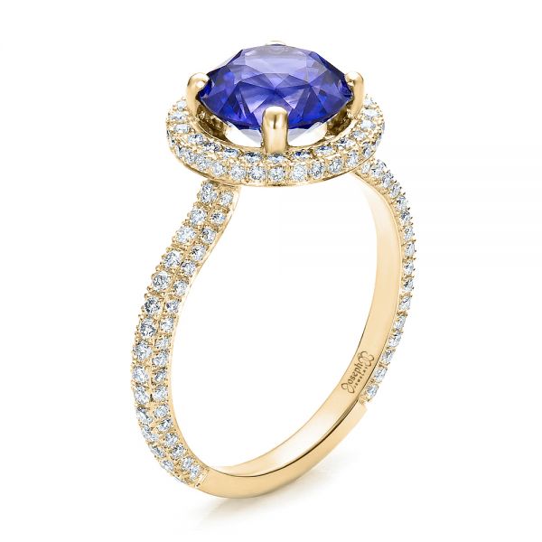 18k Yellow Gold 18k Yellow Gold Custom Blue Sapphire And Pave Engagement Ring - Three-Quarter View -  100078
