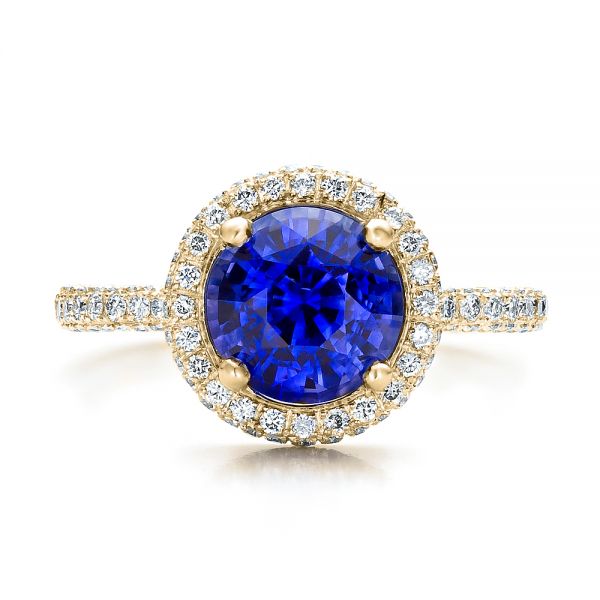 18k Yellow Gold 18k Yellow Gold Custom Blue Sapphire And Pave Engagement Ring - Top View - 100078