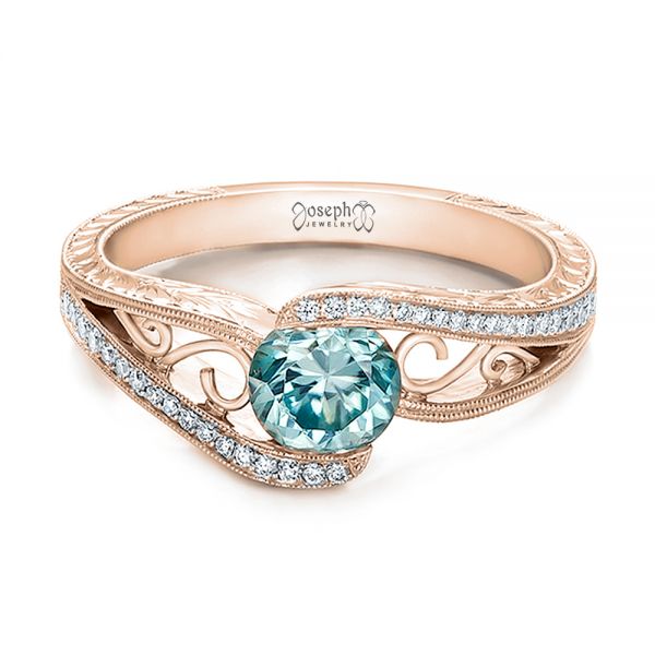 14k Rose Gold 14k Rose Gold Custom Blue Zircon And Diamond Engagement Ring - Flat View -  100645