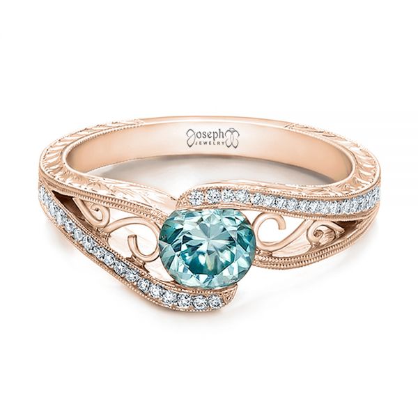 18k Rose Gold 18k Rose Gold Custom Blue Zircon And Diamond Engagement Ring - Flat View - 100645