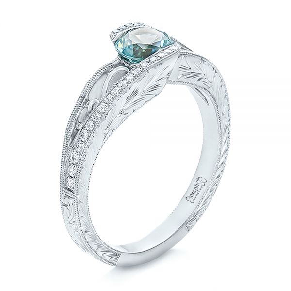  Platinum Platinum Custom Blue Zircon And Diamond Engagement Ring - Three-Quarter View -  100645