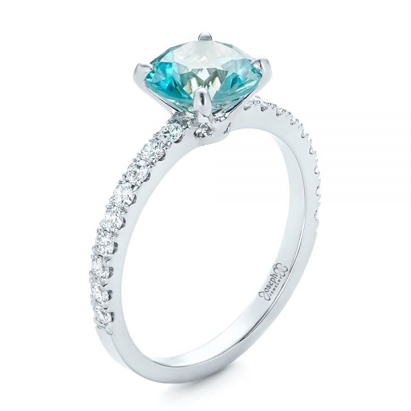 14k White Gold Custom Blue Zircon And Diamond Engagement Ring - Three-Quarter View -  102318