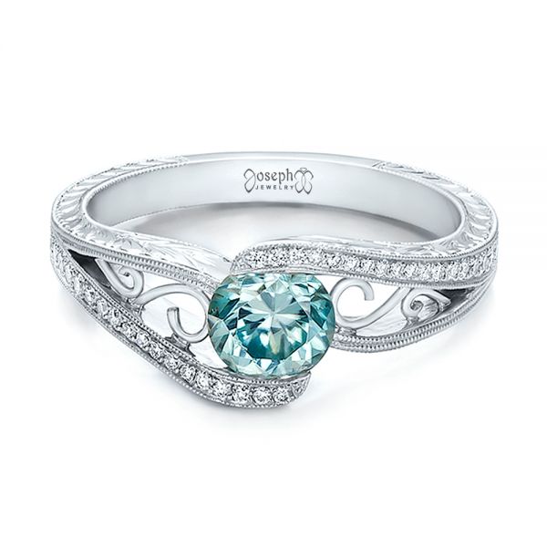  Platinum Platinum Custom Blue Zircon And Diamond Engagement Ring - Flat View -  100645