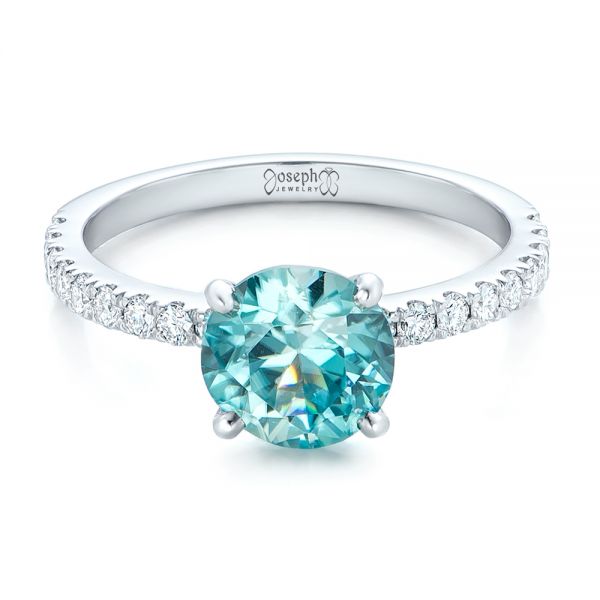 14k White Gold Custom Blue Zircon And Diamond Engagement Ring - Flat View -  102318