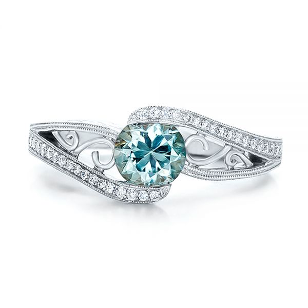 18k White Gold Custom Blue Zircon And Diamond Engagement Ring - Top View -  100645