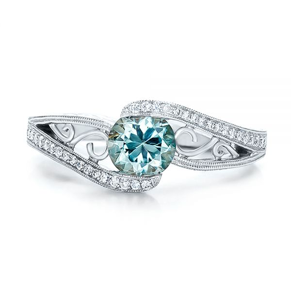 14k White Gold 14k White Gold Custom Blue Zircon And Diamond Engagement Ring - Top View -  100645