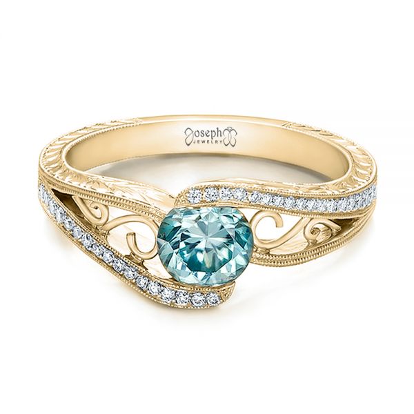 18k Yellow Gold 18k Yellow Gold Custom Blue Zircon And Diamond Engagement Ring - Flat View -  100645