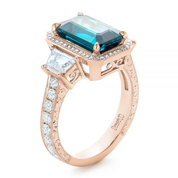 18k Rose Gold 18k Rose Gold Custom Blue Zircon And Diamond Halo Engagement Ring - Three-Quarter View -  102344