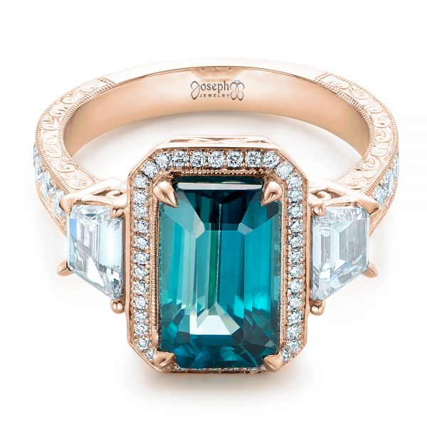 14k Rose Gold 14k Rose Gold Custom Blue Zircon And Diamond Halo Engagement Ring - Flat View - 102344