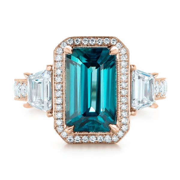 14k Rose Gold 14k Rose Gold Custom Blue Zircon And Diamond Halo Engagement Ring - Top View - 102344