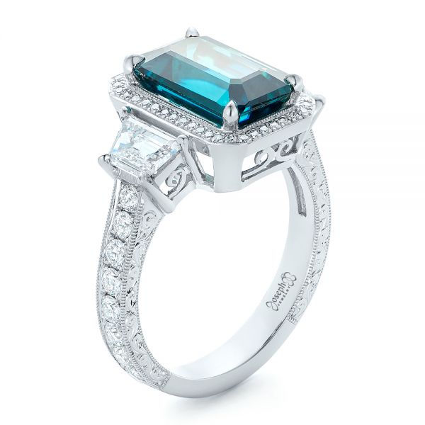 18k White Gold 18k White Gold Custom Blue Zircon And Diamond Halo Engagement Ring - Three-Quarter View -  102344