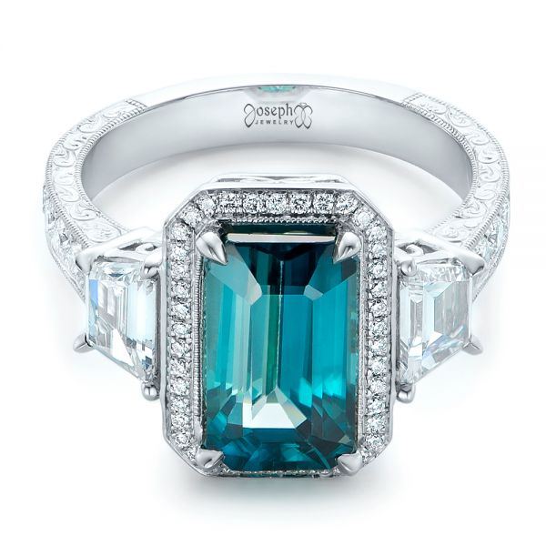 Platinum Custom Blue Zircon And Diamond Halo Engagement Ring - Flat View - 102344